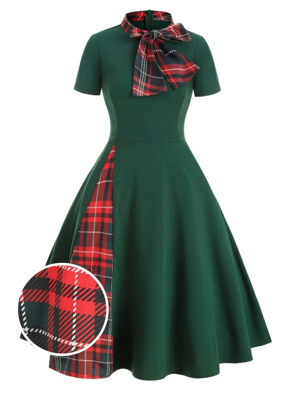 1950s Plaid Patchwork Bow Swing Dress