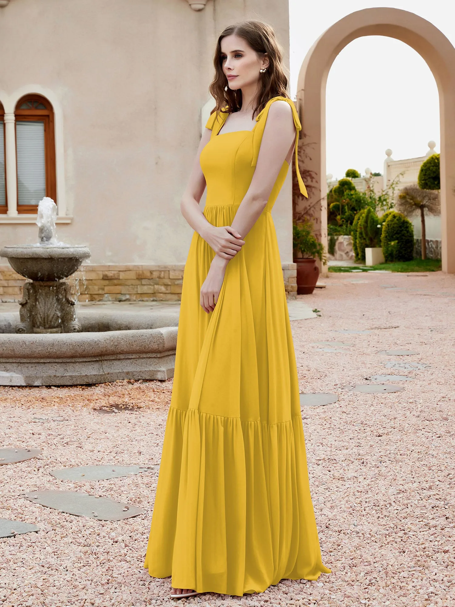 A-Line Bow Ruffle Sleeveless Chiffon Dress Marigold Plus Size