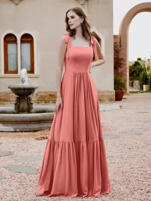 A-Line Bow Ruffle Sleeveless Chiffon Dress Sunset