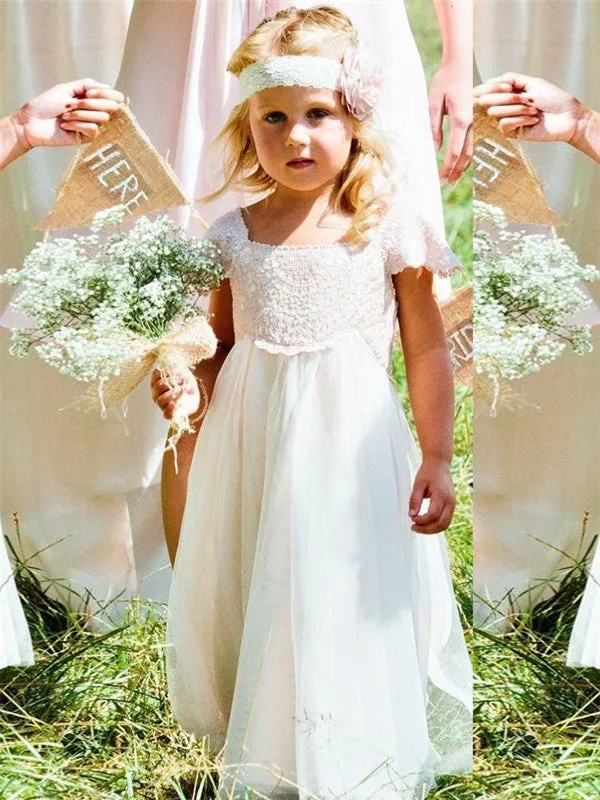 A-line Lace Top Short Sleeves Long Tulle Flower Girl Dresses, FG0152