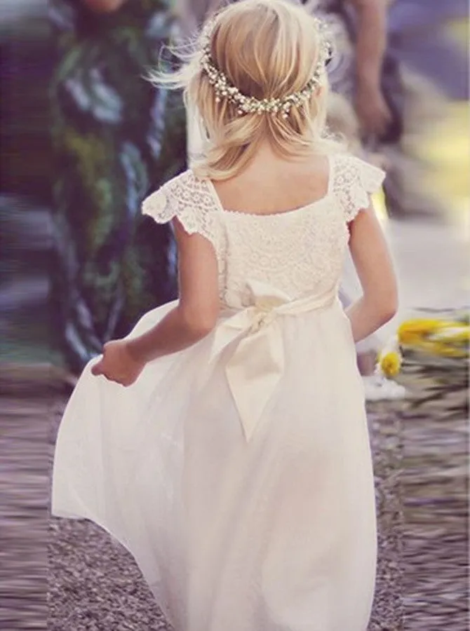 A-line Lace Top Short Sleeves Long Tulle Flower Girl Dresses, FG0152