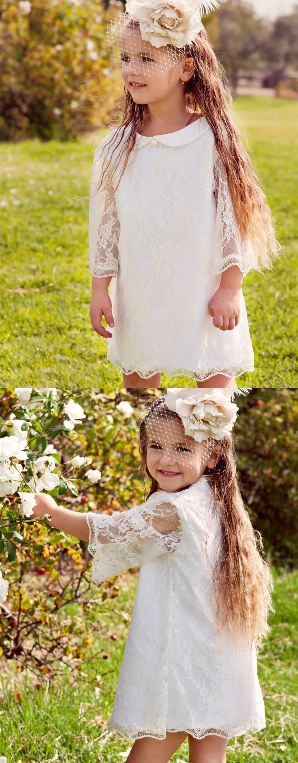 A-line Round Neck 3/4 Sleeves Lace Short Flower Girl Dresses, FG0150