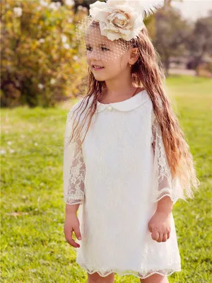 A-line Round Neck 3/4 Sleeves Lace Short Flower Girl Dresses, FG0150