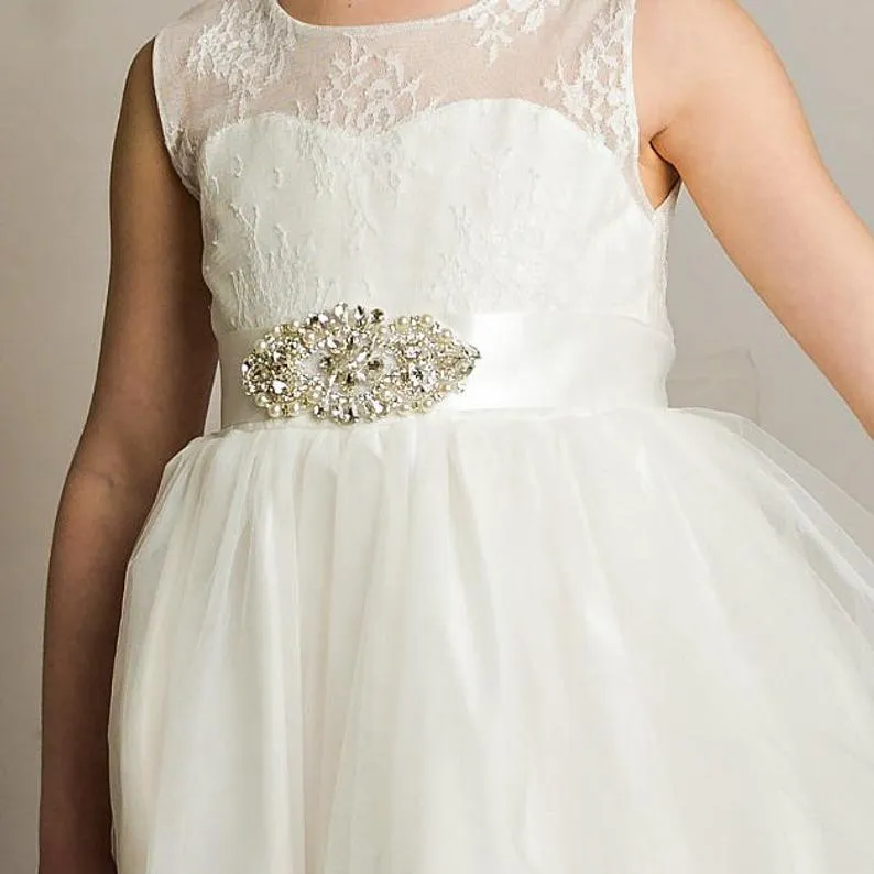 A-line Round Neck Lace Top Open-back Flower Girl Dresses, FG0154