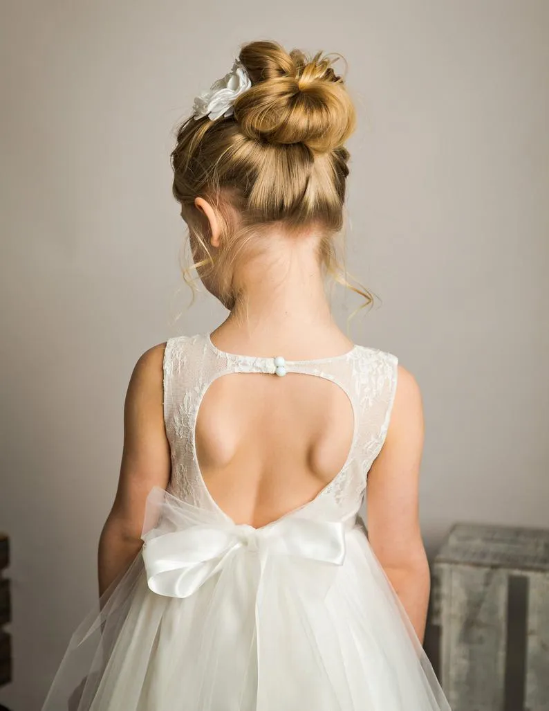 A-line Round Neck Lace Top Open-back Flower Girl Dresses, FG0154