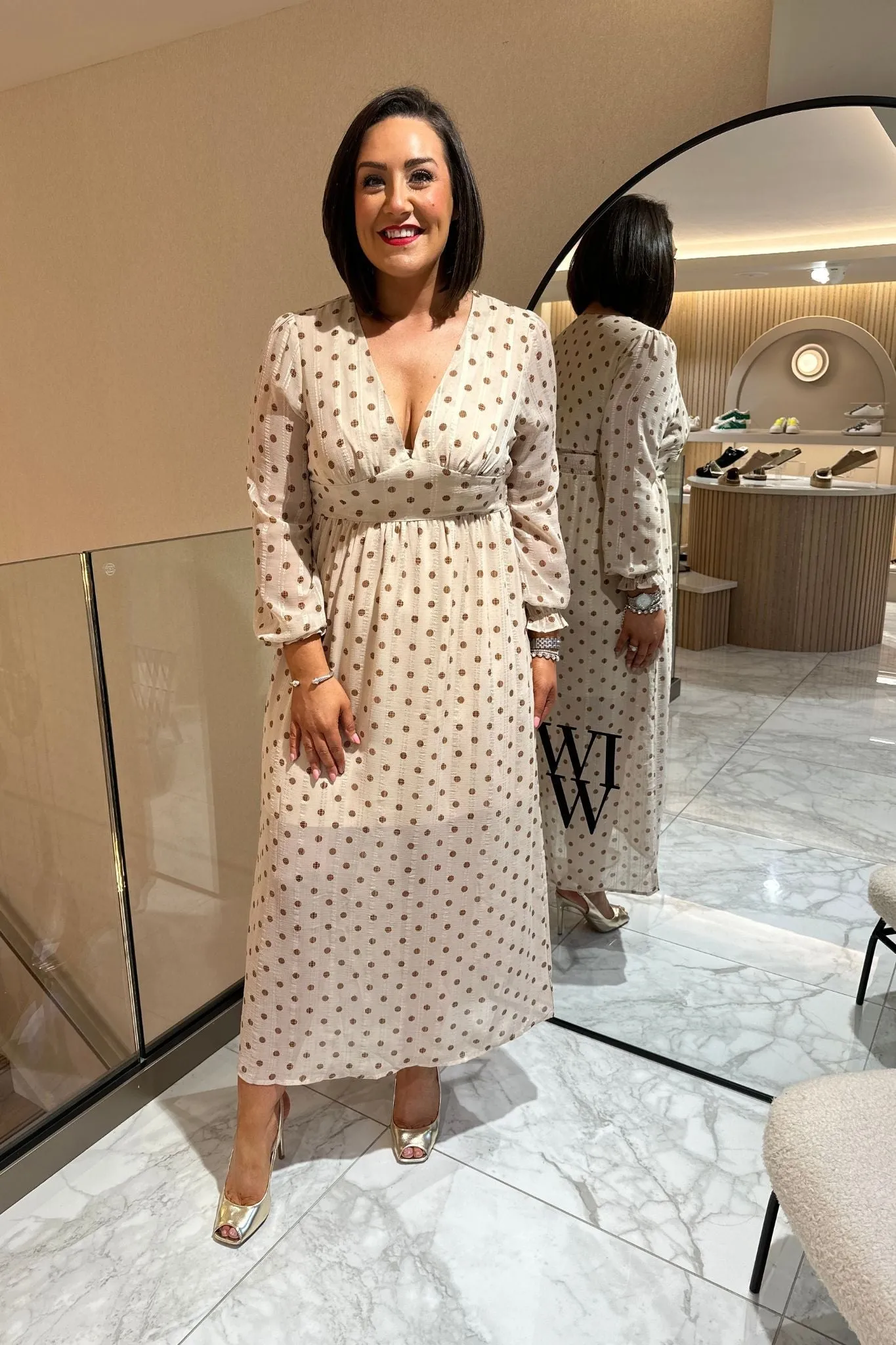 Ally Spotted Midi Dress In Beige Mix