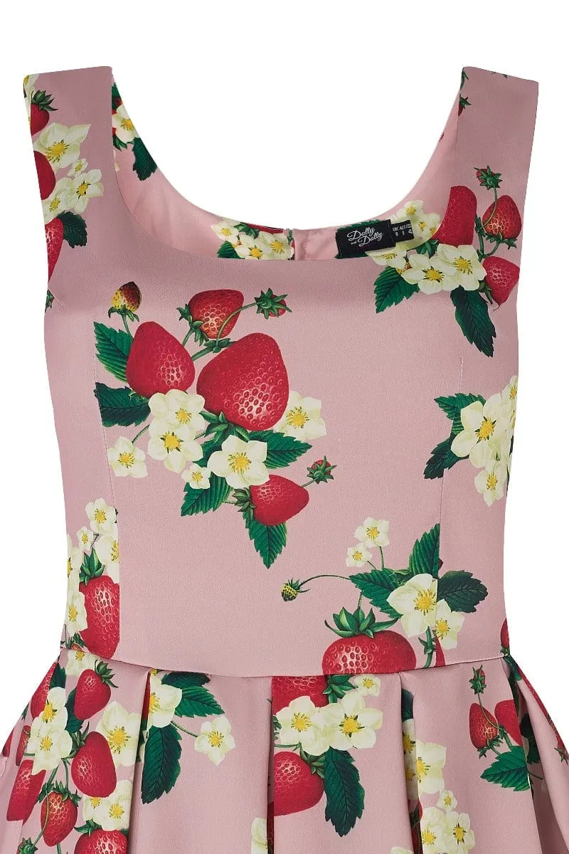 Amanda Pink Strawberry Fruit Floral Print Dress