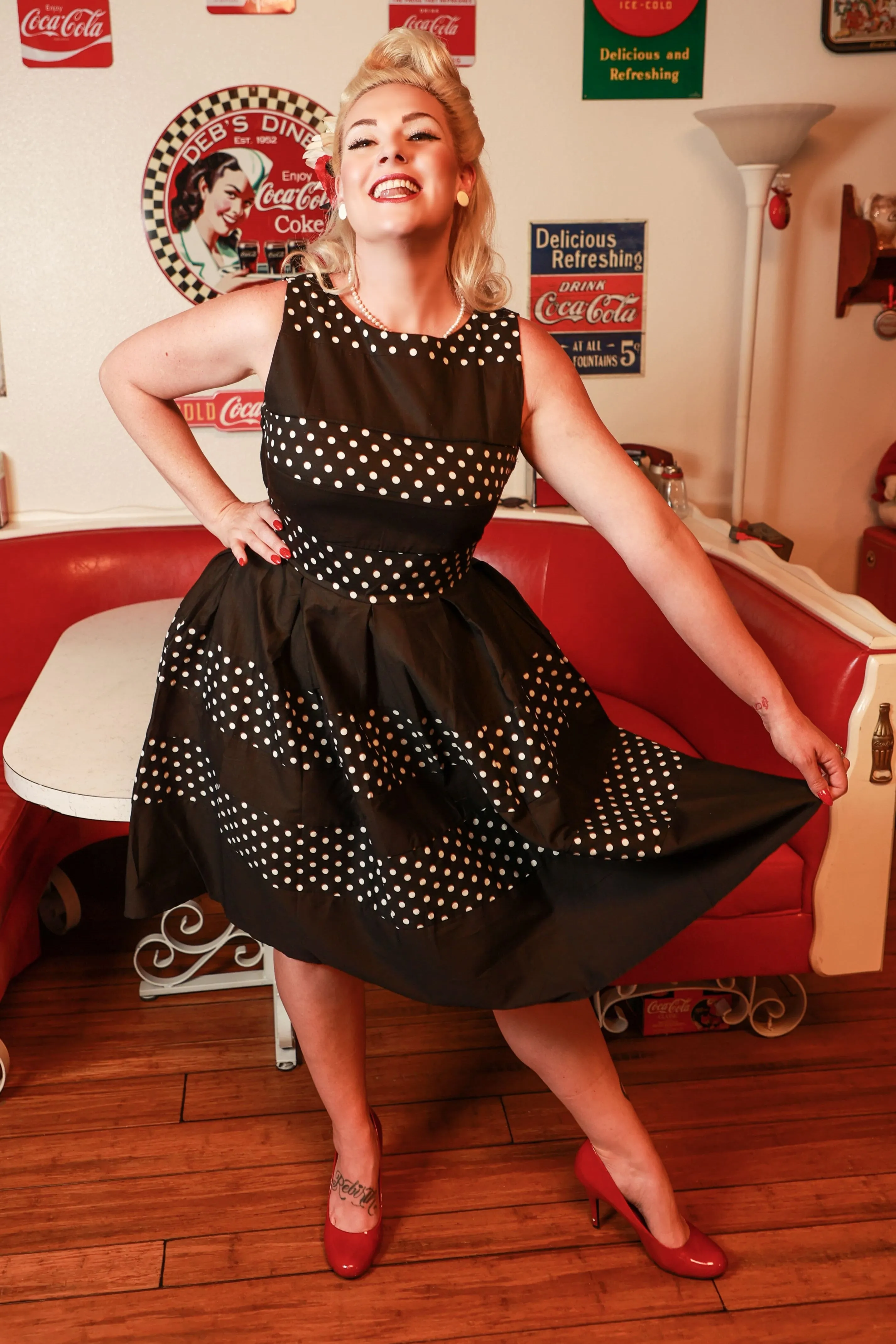 Annie Retro Black Polka Dot Panel Swing Dress