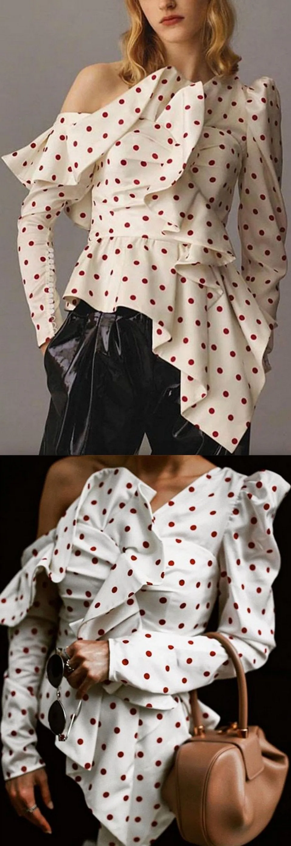 Asymmetric Frill Polka Dot Top