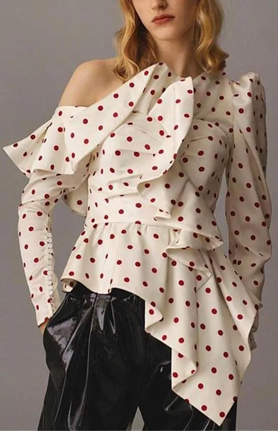 Asymmetric Frill Polka Dot Top