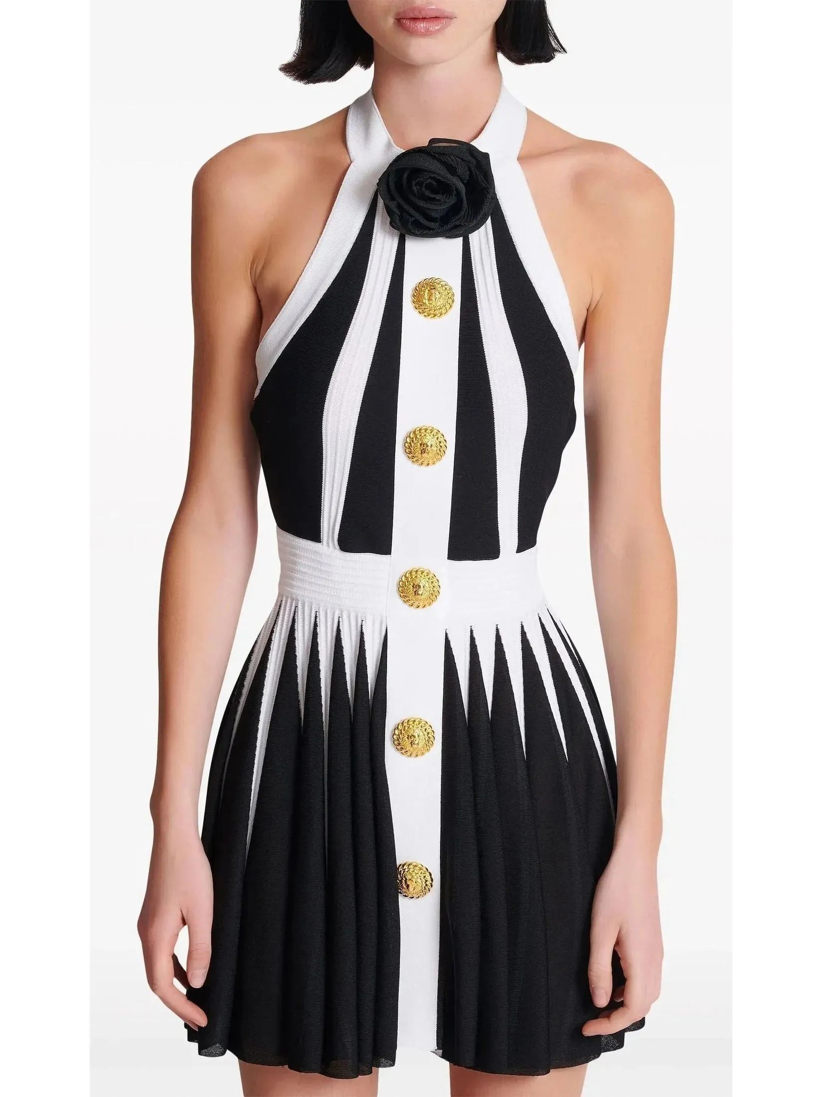 Backless Black and White Halter-Neck Knit Dress with Rose Detail