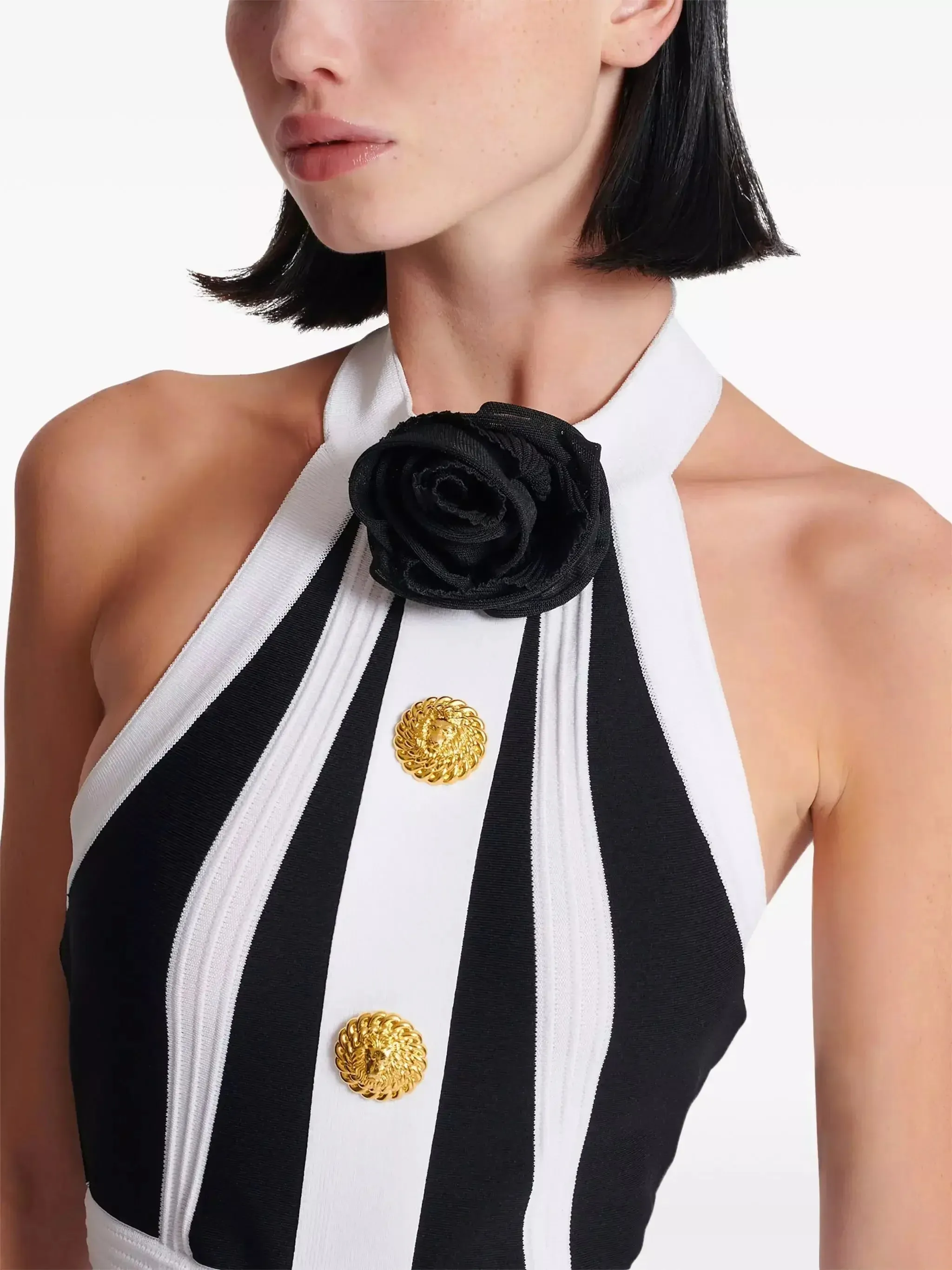 Backless Black and White Halter-Neck Knit Dress with Rose Detail