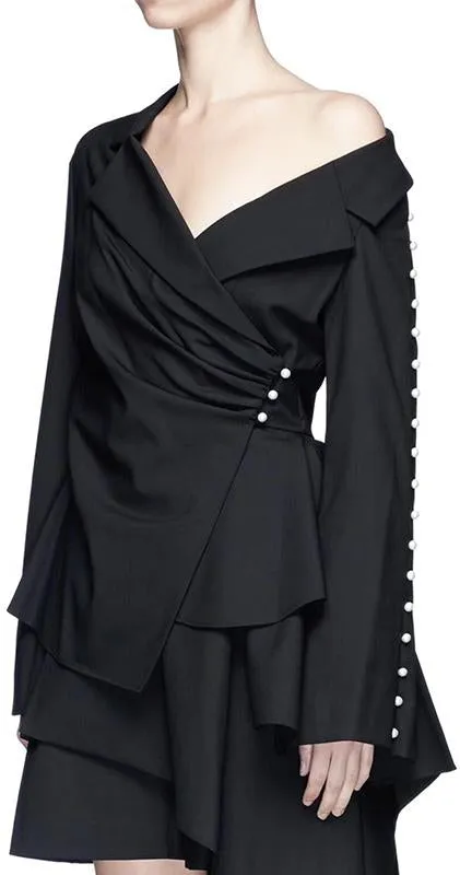 Black Asymmetric Pearl Wrap Top