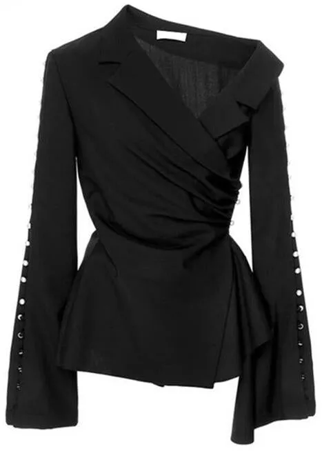 Black Asymmetric Pearl Wrap Top