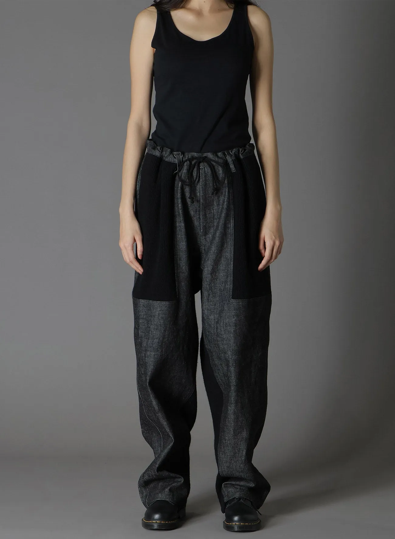 BLACK DENIM  WOOL JERSEY RIB WAIST STRING PANTS