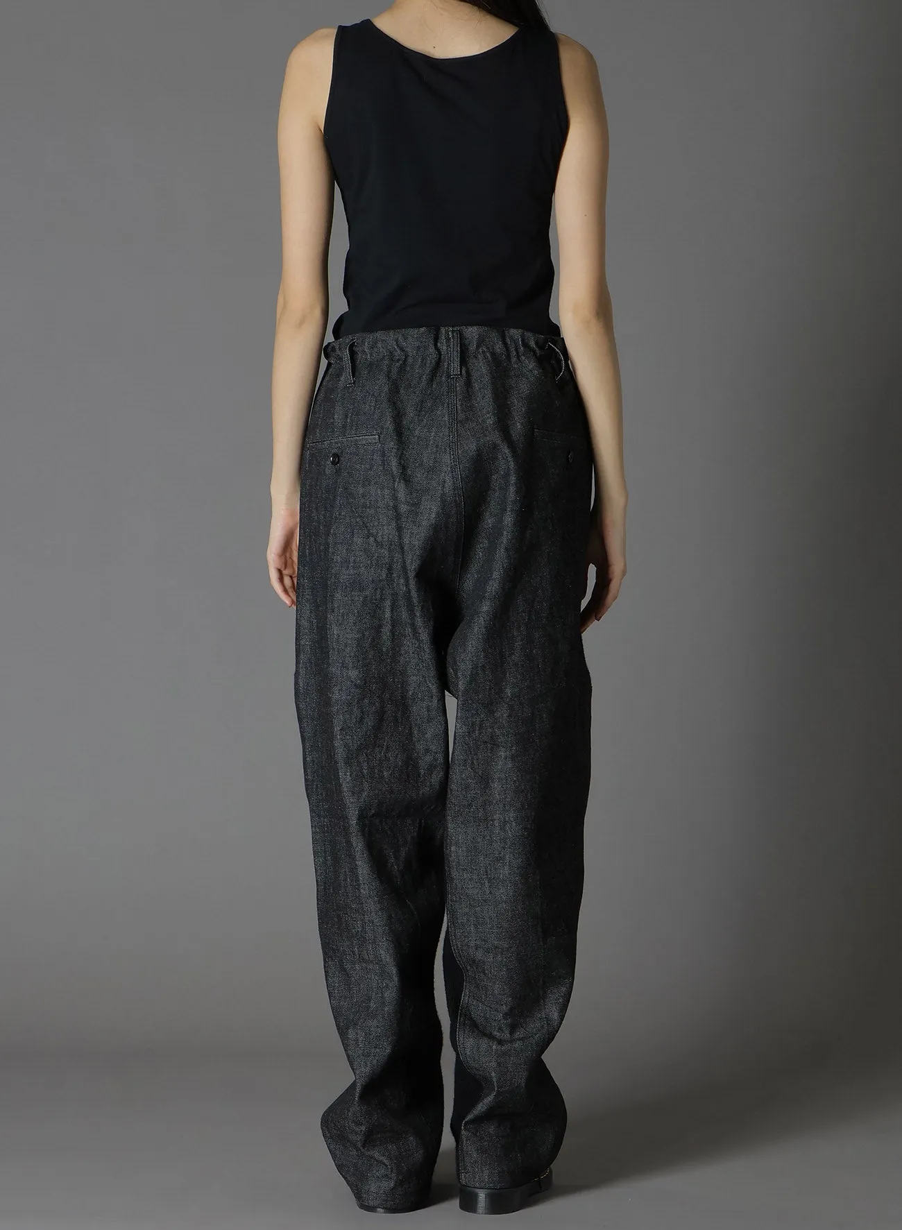 BLACK DENIM  WOOL JERSEY RIB WAIST STRING PANTS