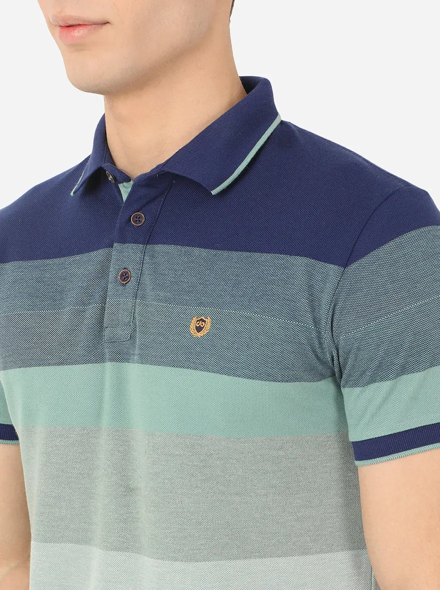 Blue & Pista Green Striped Slim Fit Polo T-Shirt | JadeBlue