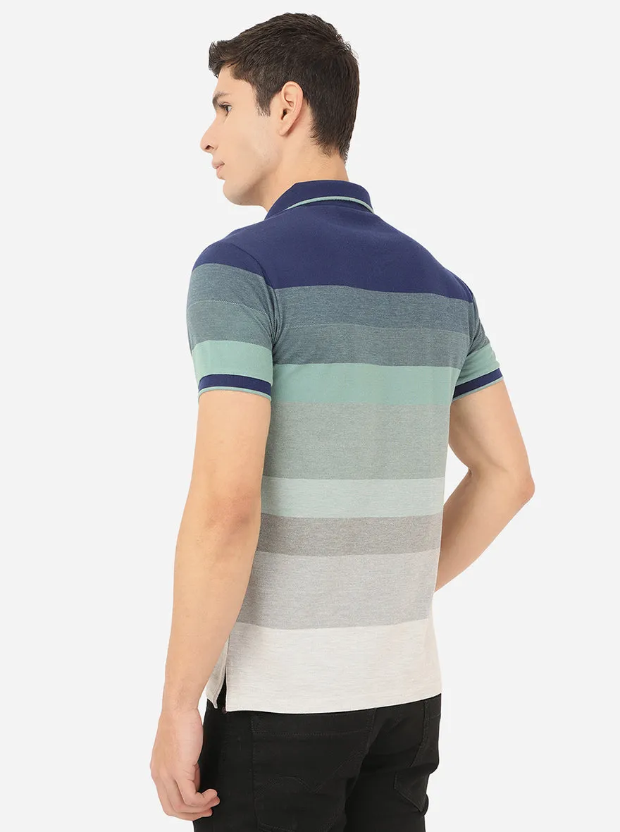 Blue & Pista Green Striped Slim Fit Polo T-Shirt | JadeBlue