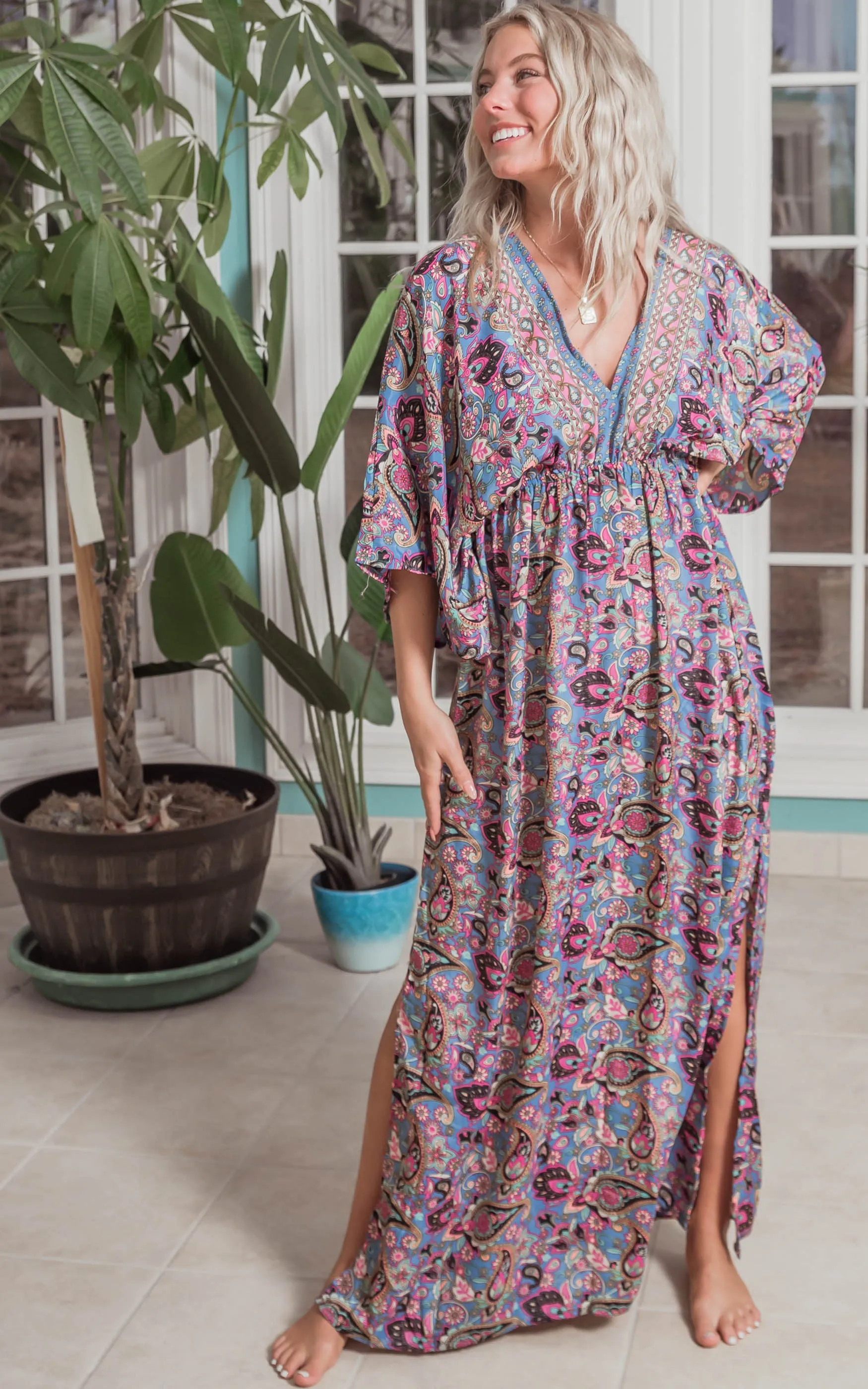 Blue Paisley Kimono Maxi Dress - Blue/Pink/Black -Final Sale*