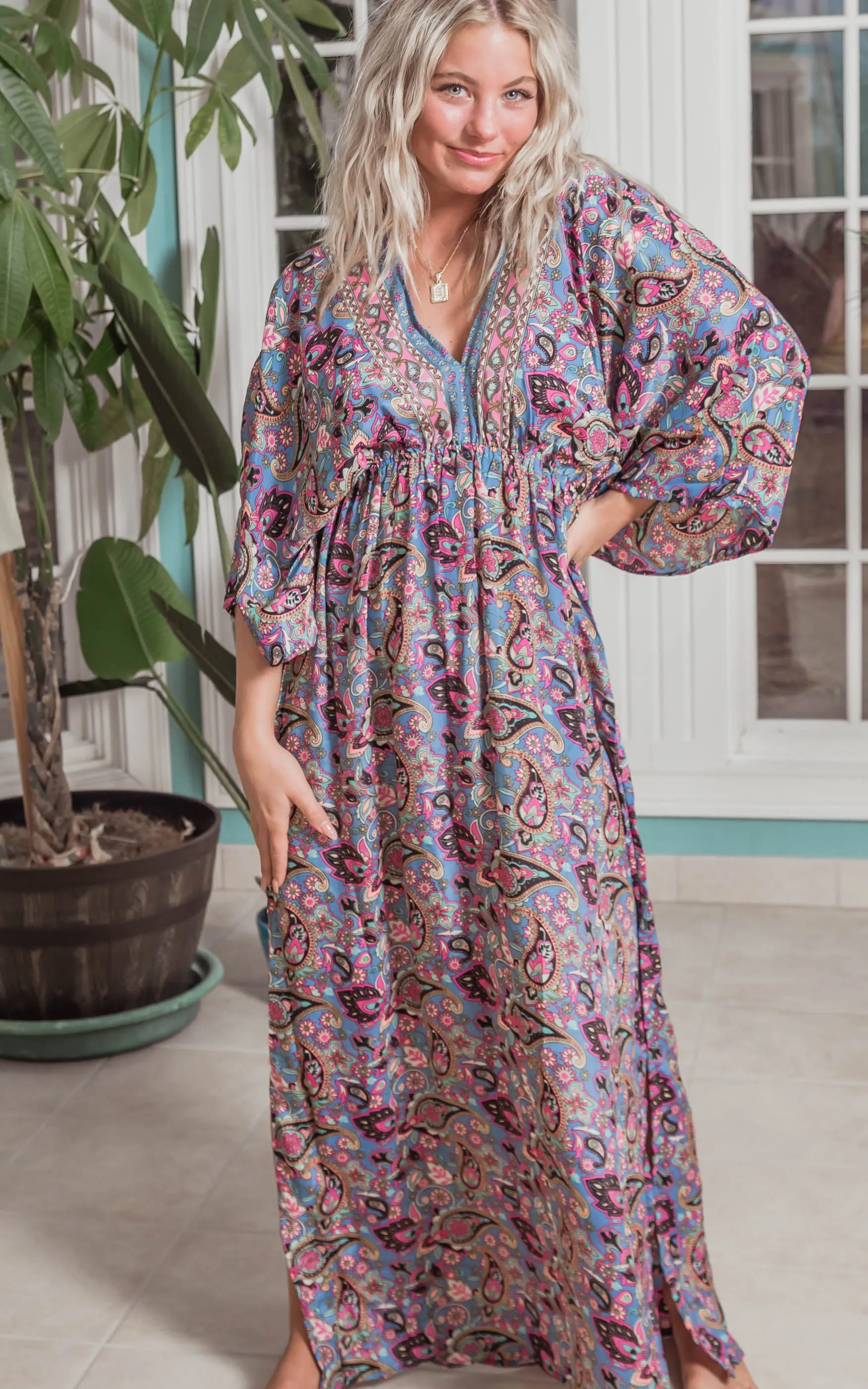 Blue Paisley Kimono Maxi Dress - Blue/Pink/Black -Final Sale*