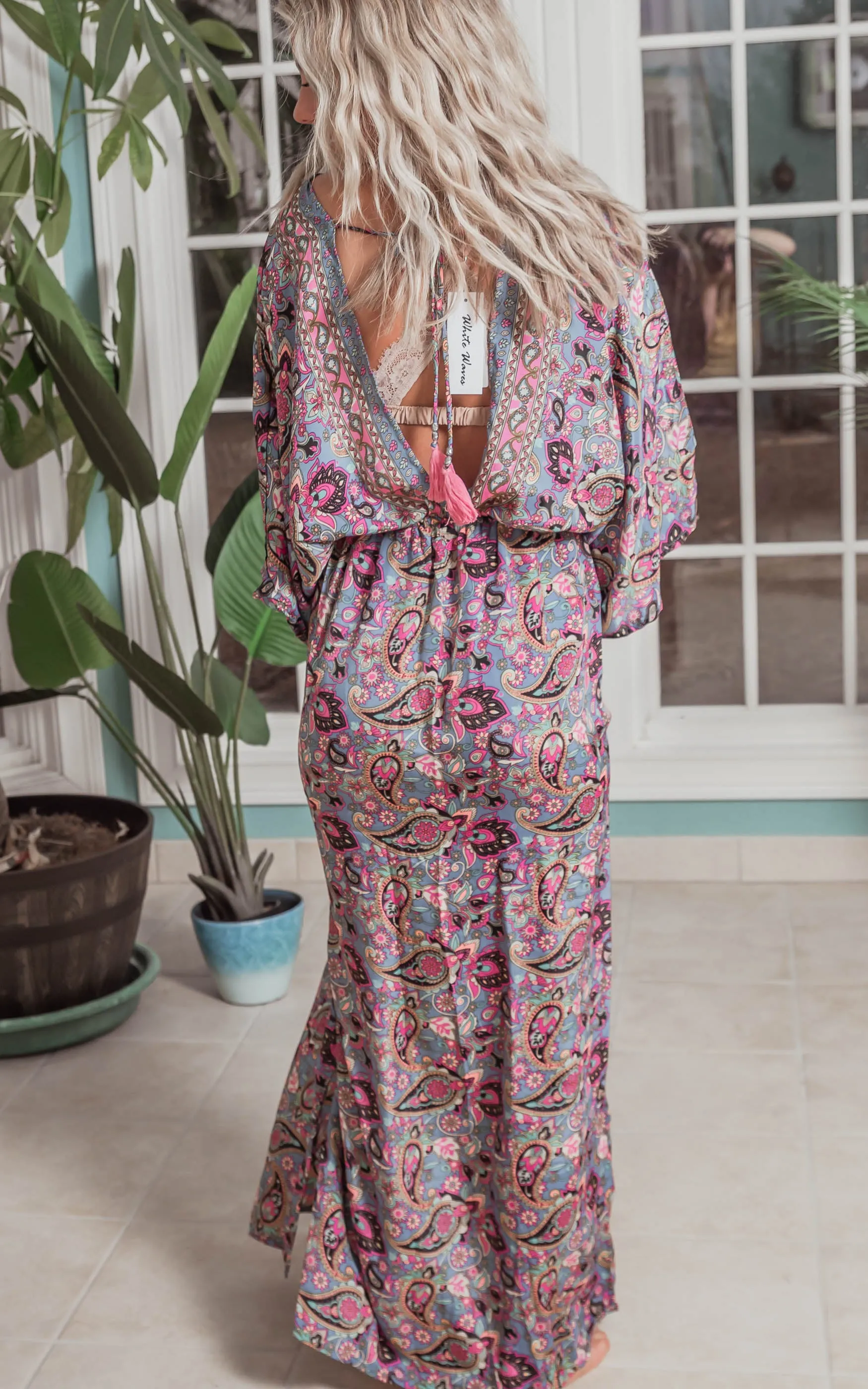 Blue Paisley Kimono Maxi Dress - Blue/Pink/Black -Final Sale*