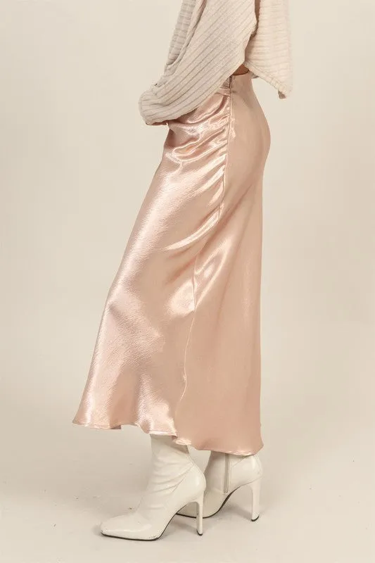 Blush Satin High Waist Midi Skirt