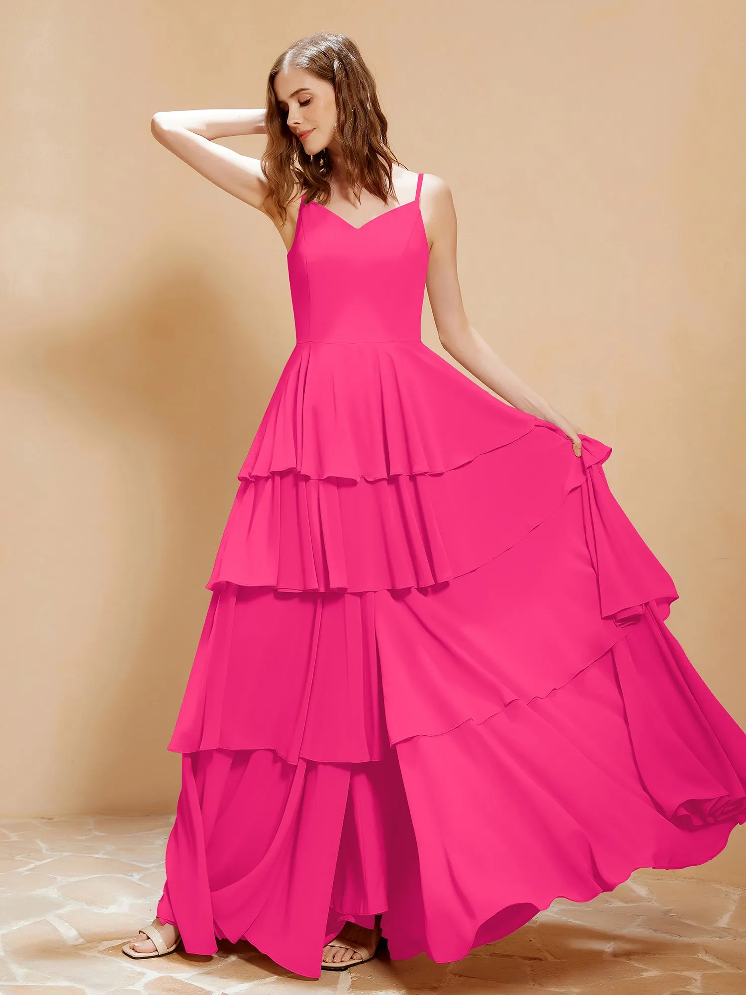 Boho V-neck Floor-length Dress Flowy Ruffles Fuchsia