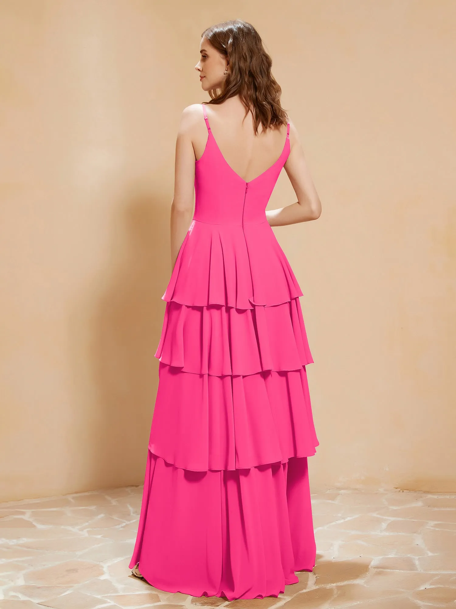 Boho V-neck Floor-length Dress Flowy Ruffles Fuchsia