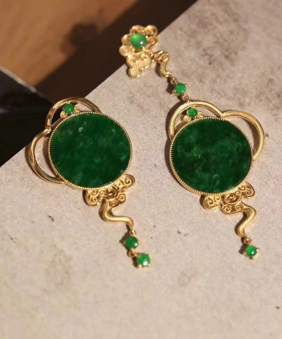 Boutique Retro Green Jade Patchwork 14K Drop Earrings LY9158