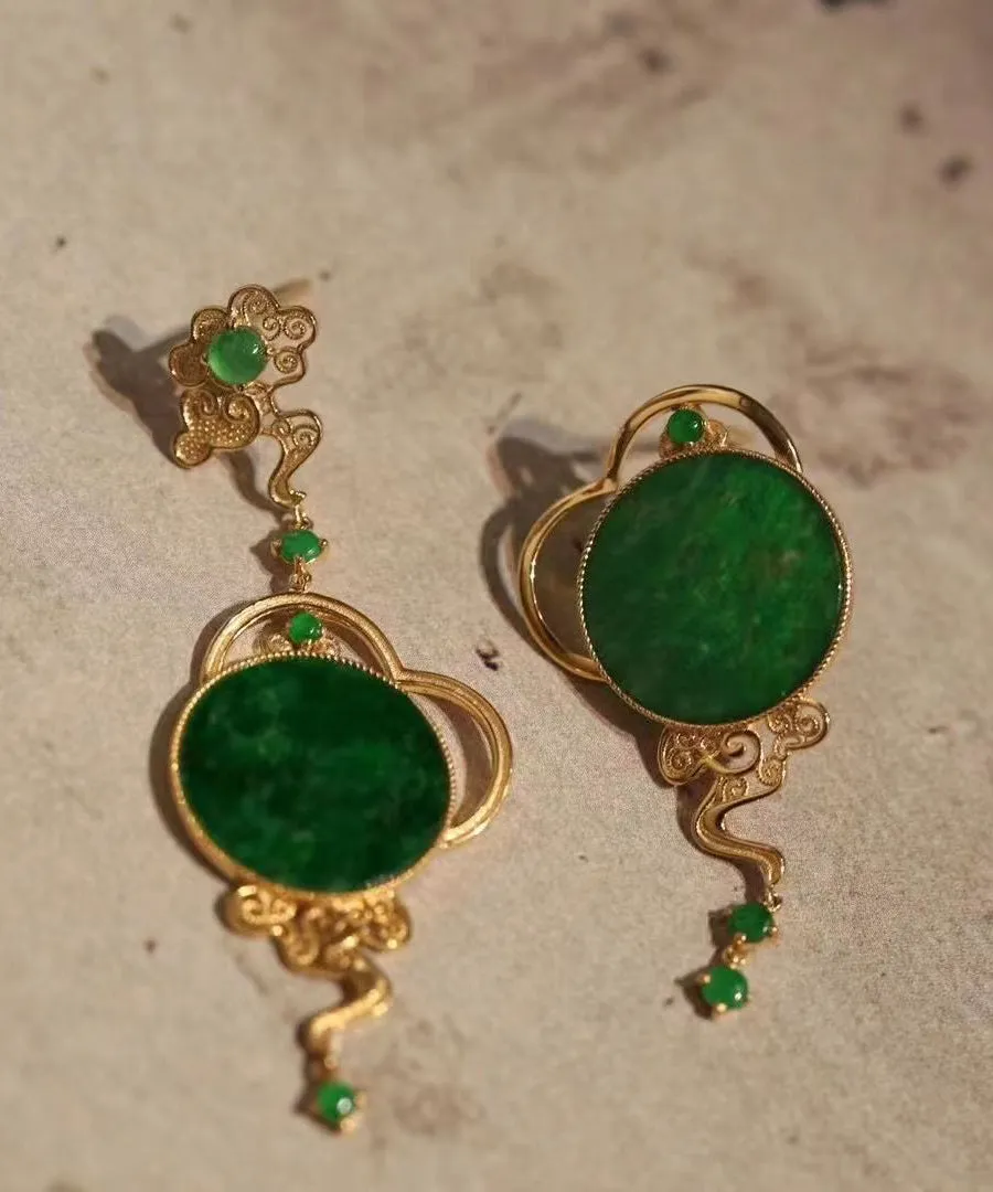 Boutique Retro Green Jade Patchwork 14K Drop Earrings LY9158