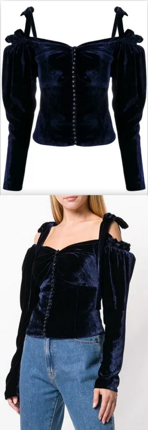 Buttoned Velvet Cold-Shoulder Blouse