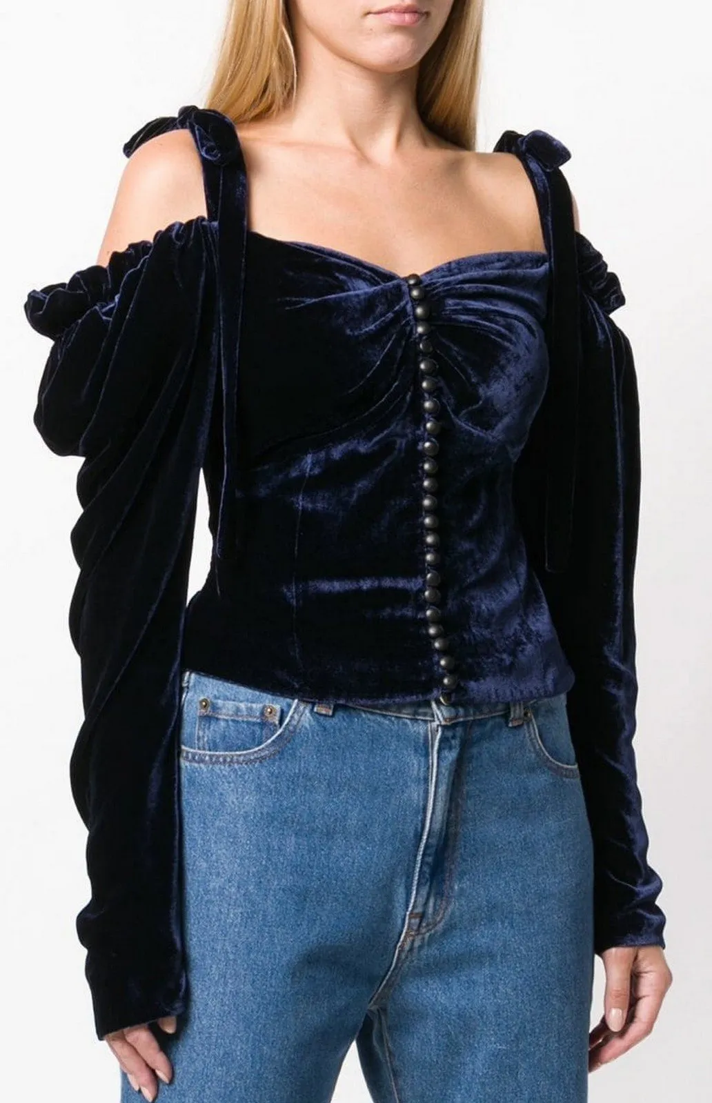 Buttoned Velvet Cold-Shoulder Blouse