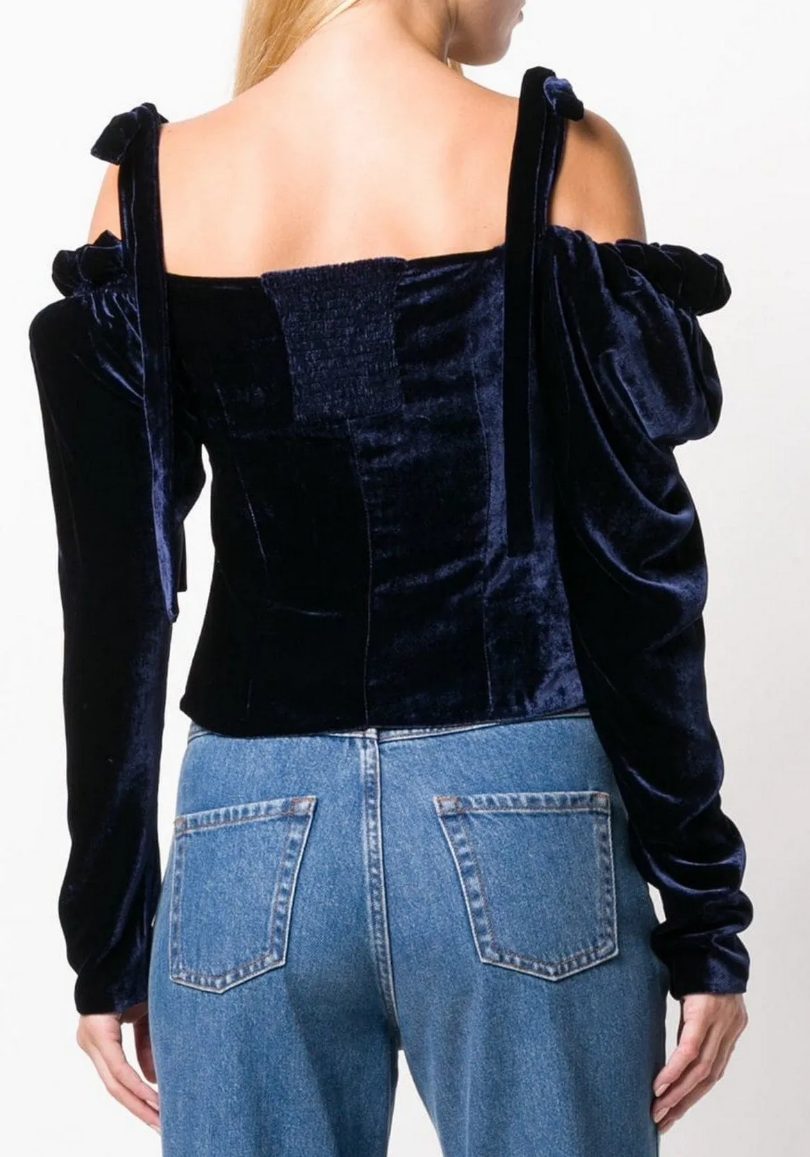 Buttoned Velvet Cold-Shoulder Blouse