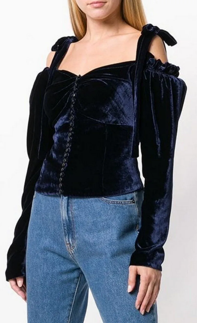 Buttoned Velvet Cold-Shoulder Blouse