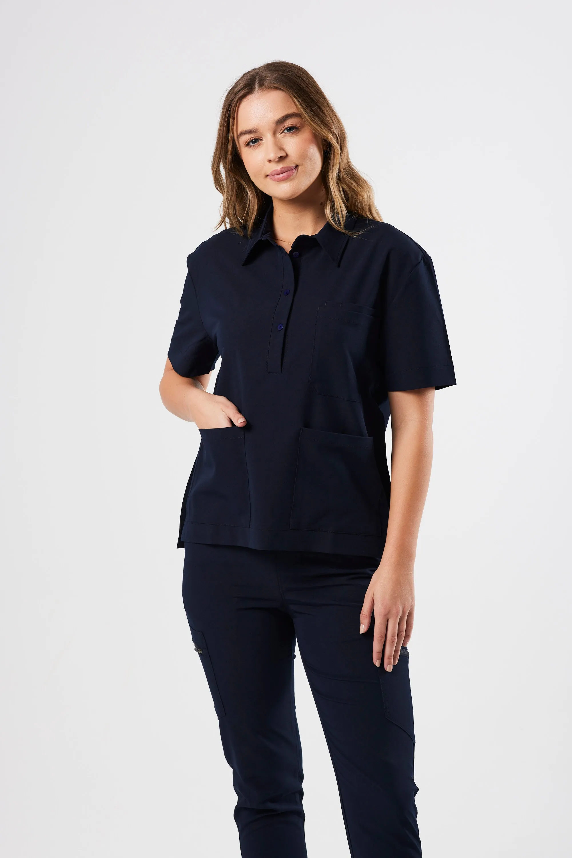 CLASSIC POLO NECK WOMEN'S SCRUB TOP (NAVY)