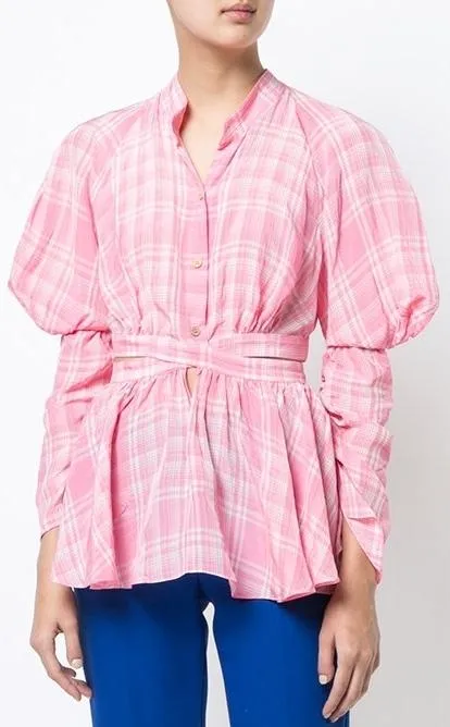 Crinkled Plaid Puff Sleeve Blouse