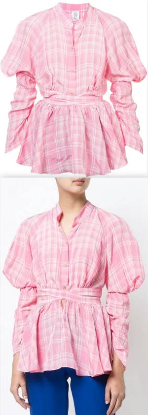 Crinkled Plaid Puff Sleeve Blouse