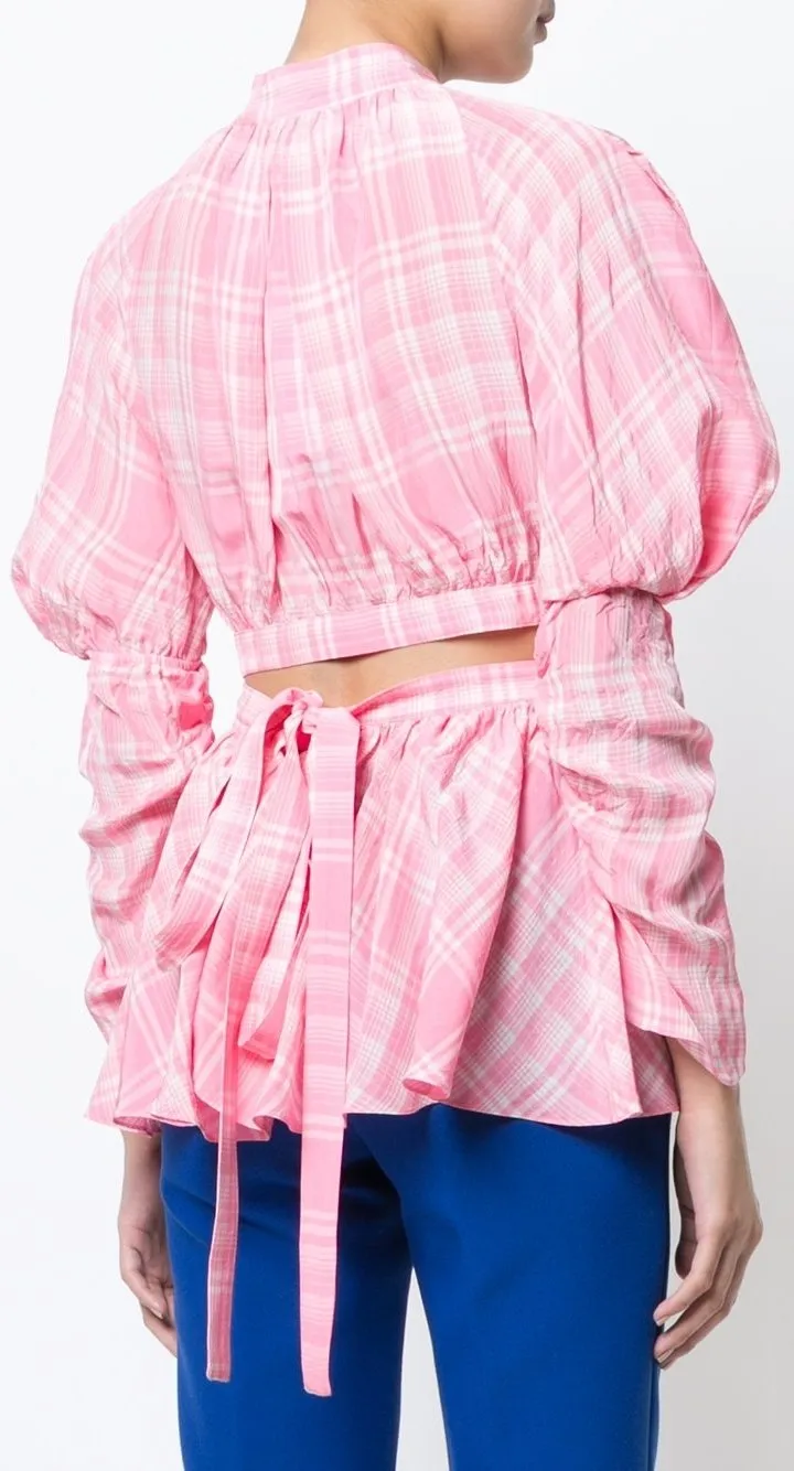 Crinkled Plaid Puff Sleeve Blouse