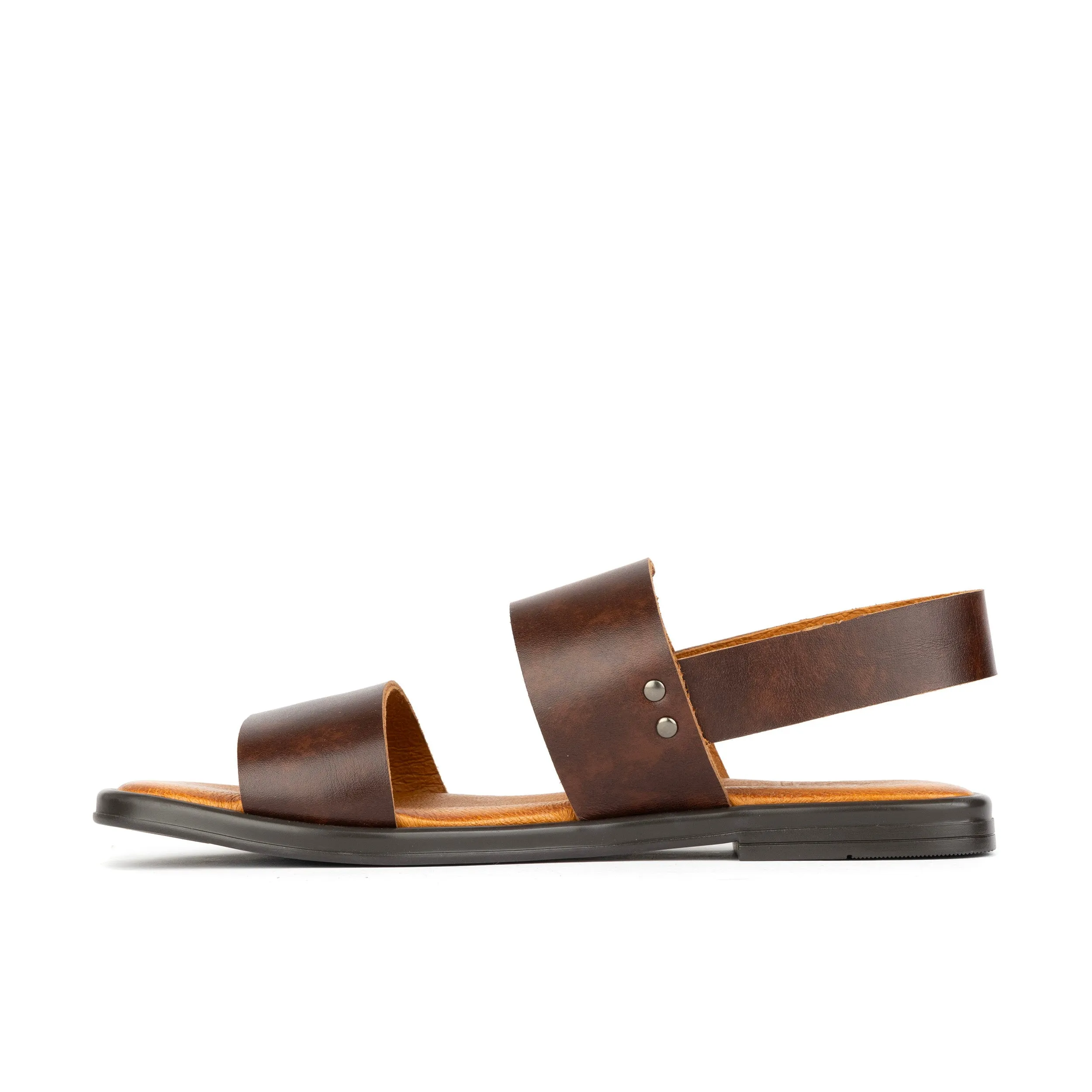 Dixon - Brown - Women's flat leather sandals with wide double straps