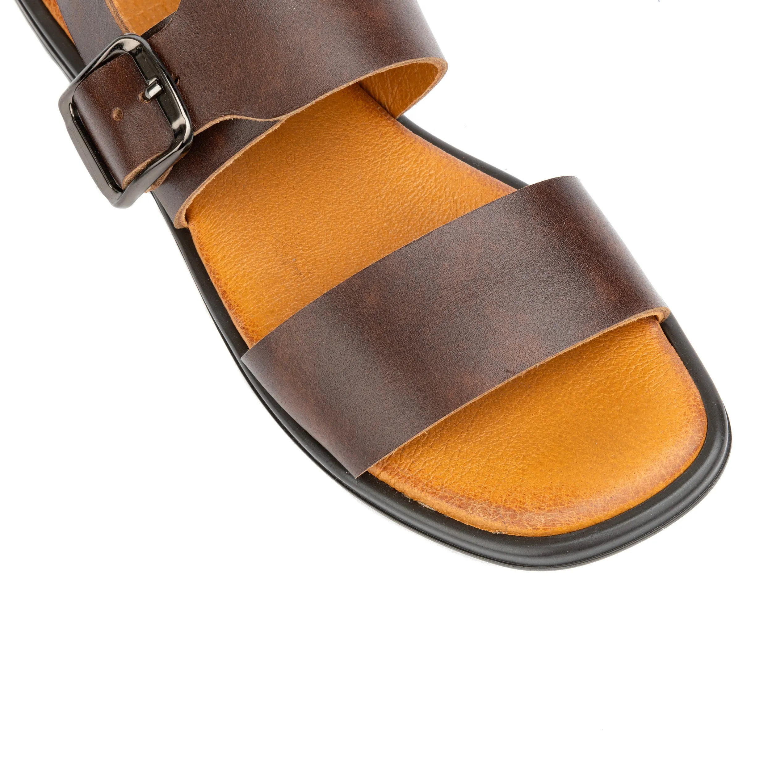 Dixon - Brown - Women's flat leather sandals with wide double straps