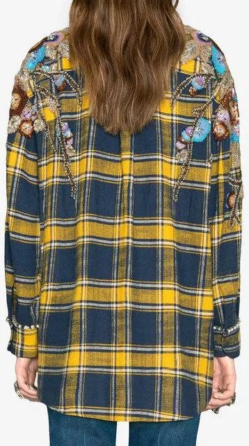 Embroidered Plaid Oversized Shirt