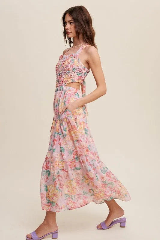 Floral Maxi Dress Smocked Backless Waist Cutouts with Pockets New Women's Fashion Casual Long Summer Dress KESLEY