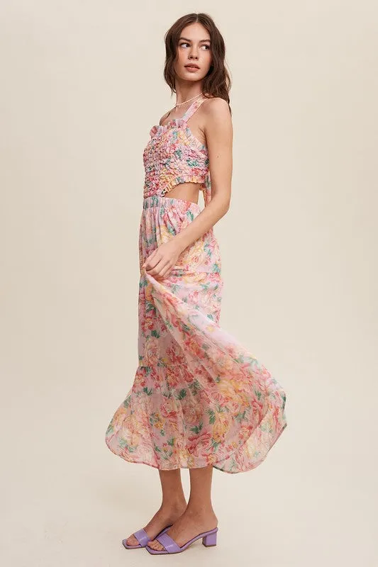 Floral Maxi Dress Smocked Backless Waist Cutouts with Pockets New Women's Fashion Casual Long Summer Dress KESLEY