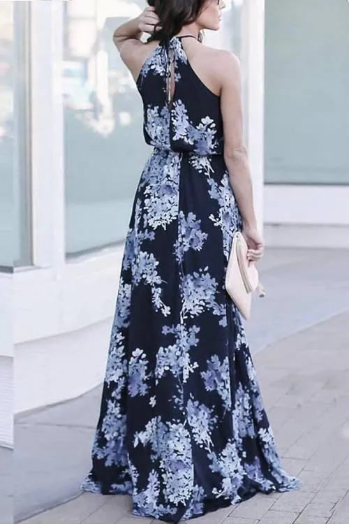 Floral Print Slit Sleeveless Maxi Dress