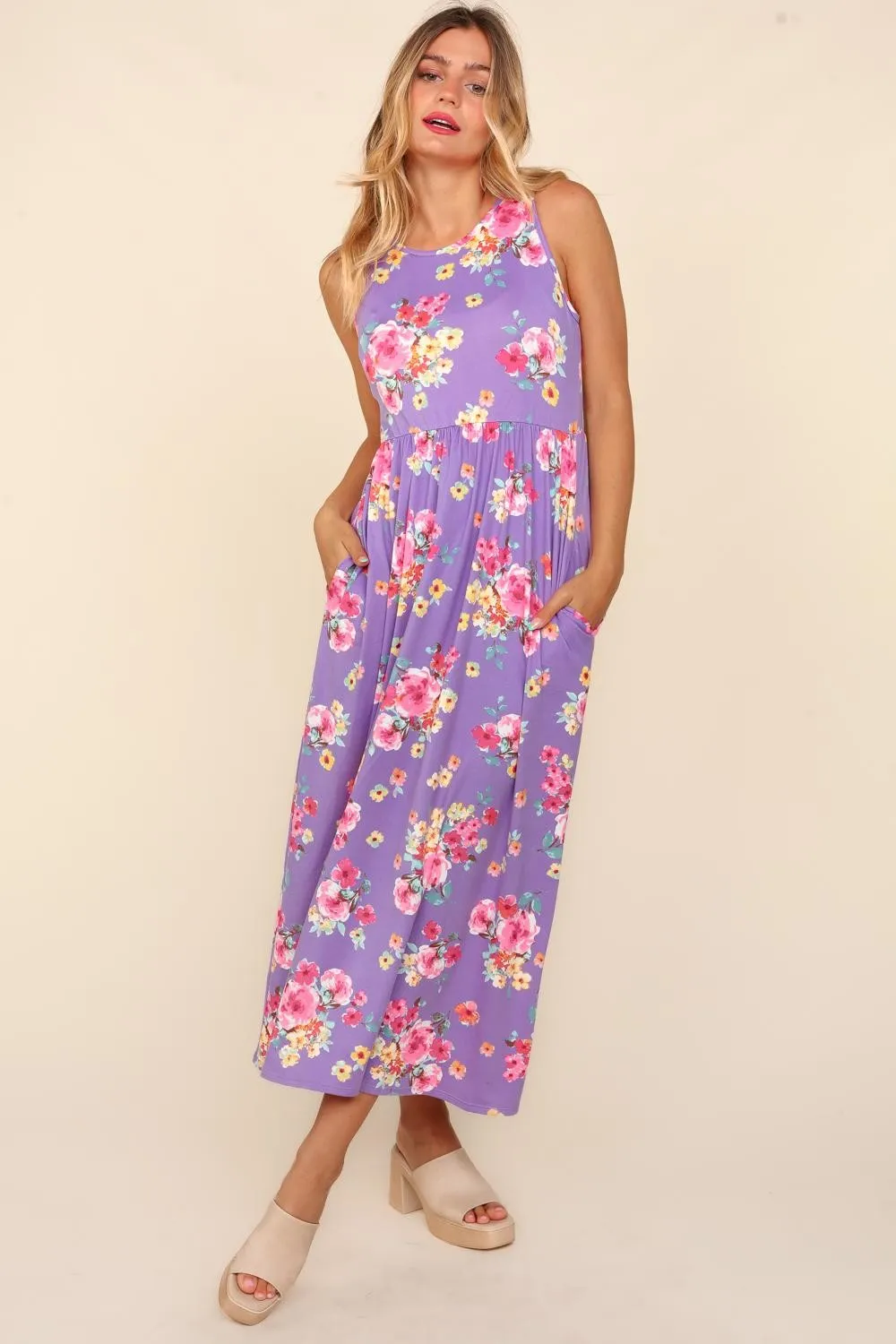 Floral Sleeveless Babydoll Maxi Dress - Lilac