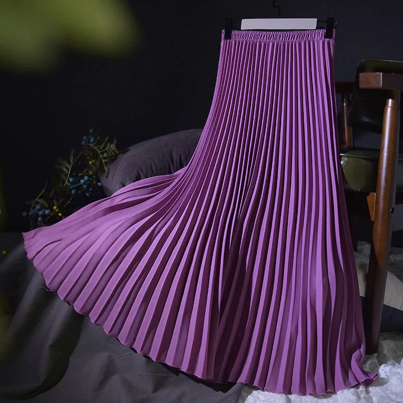 Flowy Solid Pleated Elastic High-Waist Vintage Maxi Skirts