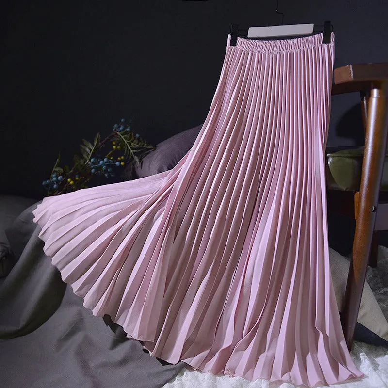 Flowy Solid Pleated Elastic High-Waist Vintage Maxi Skirts