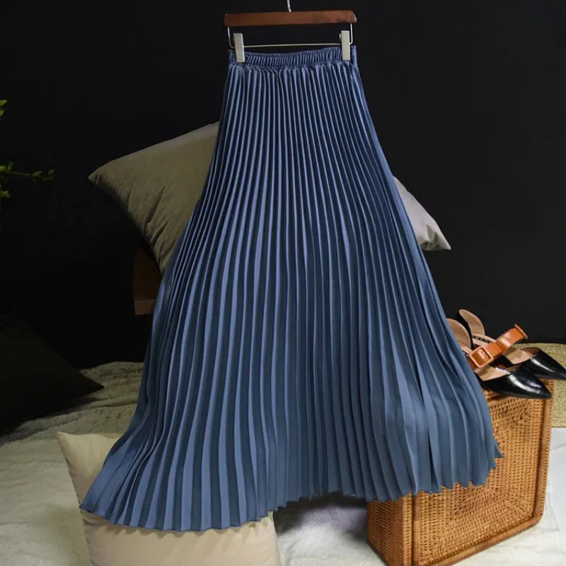 Flowy Solid Pleated Elastic High-Waist Vintage Maxi Skirts