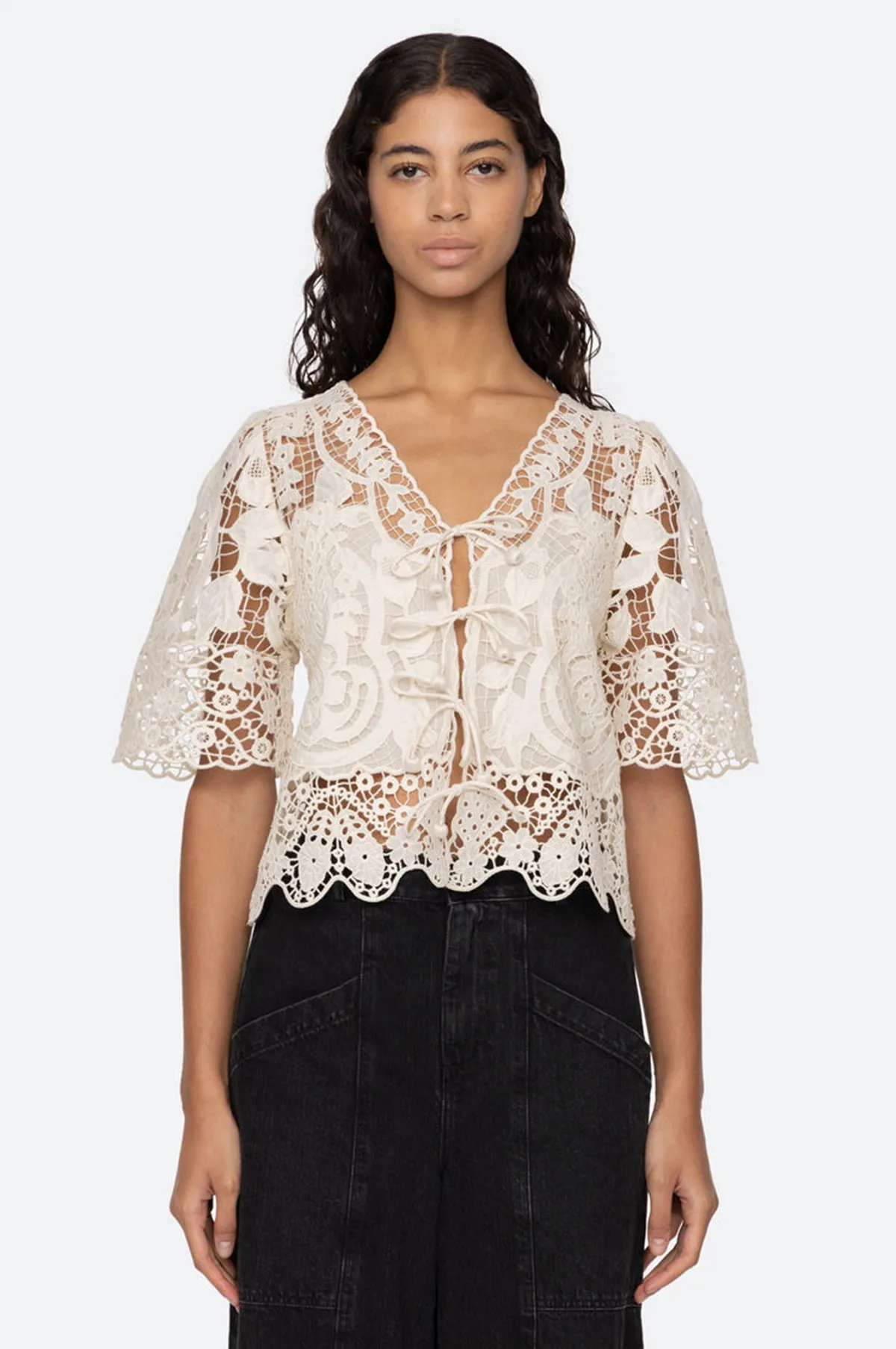 Gianna Lace Tie Front Top Bone