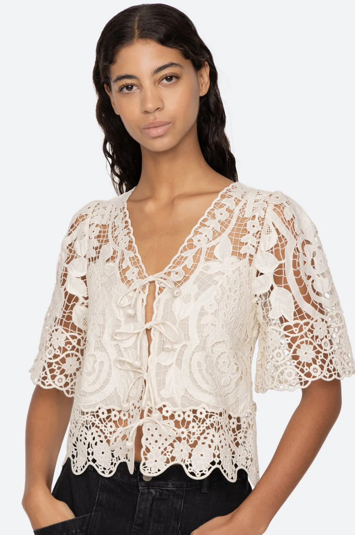 Gianna Lace Tie Front Top Bone